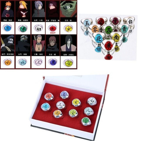 NEW 10Pcs Full Set Metal Naruto AKATSUKI Member Ring Kid Japanese Ninja Cosplay Toy Rings Set