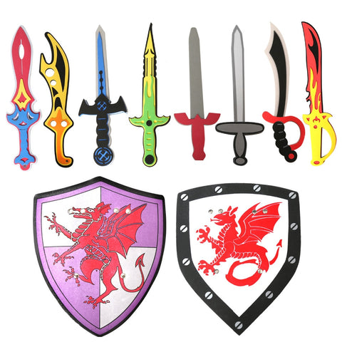 10PCS Assorted EVA Toy Swords Assorted Foam Toy Sword and Shield Ninja Warrior Weapons Toy Set Pretend Playset for Kids